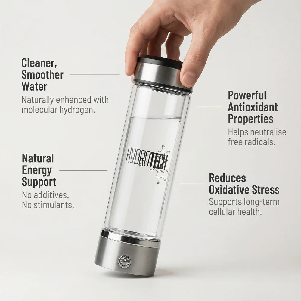Hand holding the Hydrotech Hydrogen Water Bottle with feature callouts