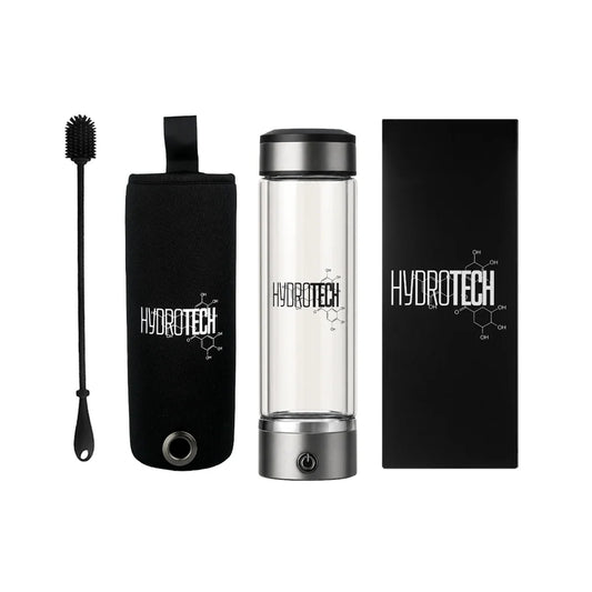 Hydrotech Hydrogen Water Bottle with its black neoprene sleeve, cleaning brush and gift box