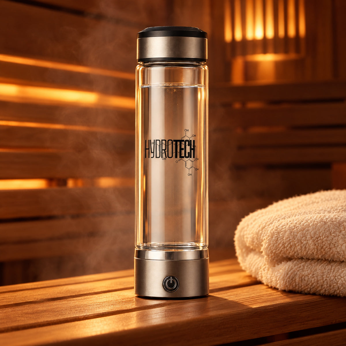 Hydrotech Hydrogen Water Bottle on a cedar sauna bench beside a folded towel