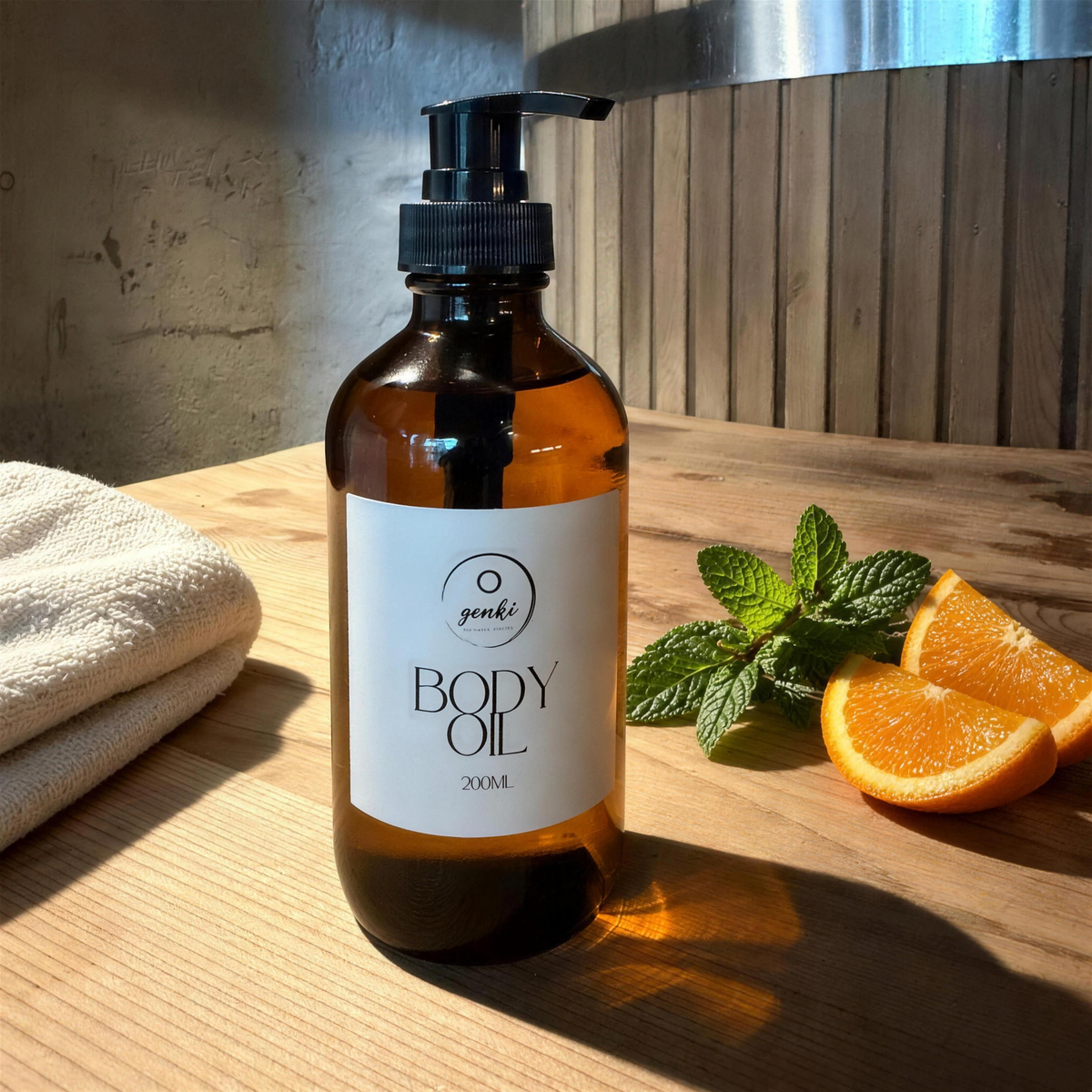 Genki Joy Body Oil 200ml on a timber bench with peppermint and orange