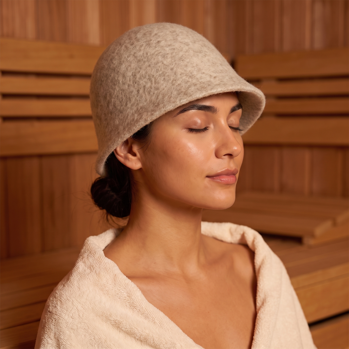 Wearing the Ritual Sauna Hat in Sand in the sauna