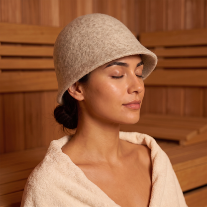 Wearing the Ritual Sauna Hat in Sand in the sauna