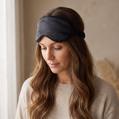 Silk Eye Mask in Black, worn