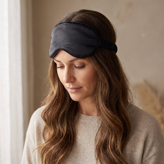 Silk Eye Mask in Black, worn